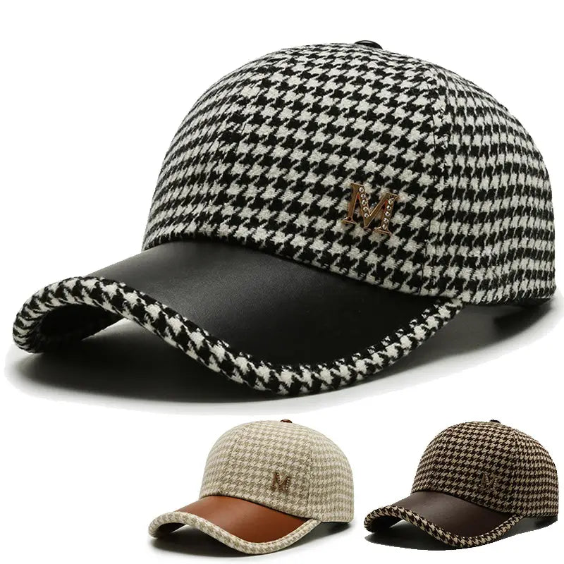 Houndstooth Leather Cap